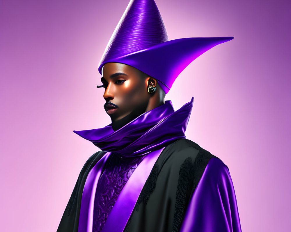 Purple Pointed Hat and Scarf on Figure in Black Outfit Against Purple Background