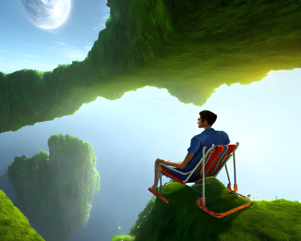 Man sitting on chair on cliff edge, surreal landscape with floating islands and large moon