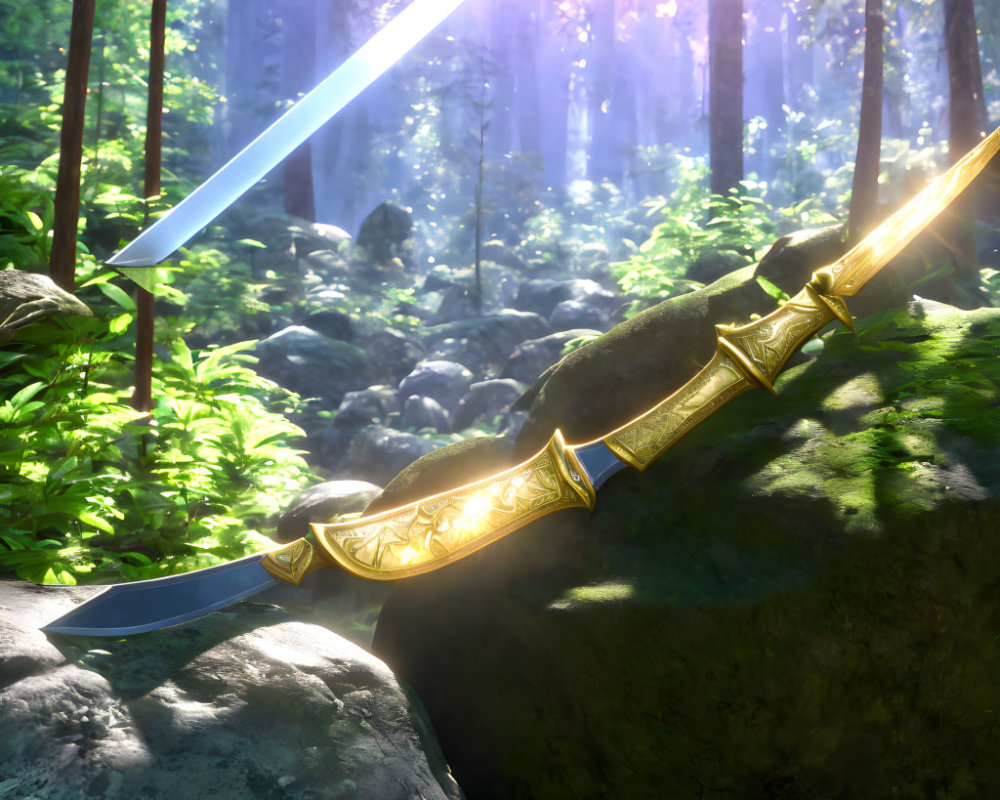 Golden Sword with Blue Blade on Mossy Rock in Sunlit Forest Clearing