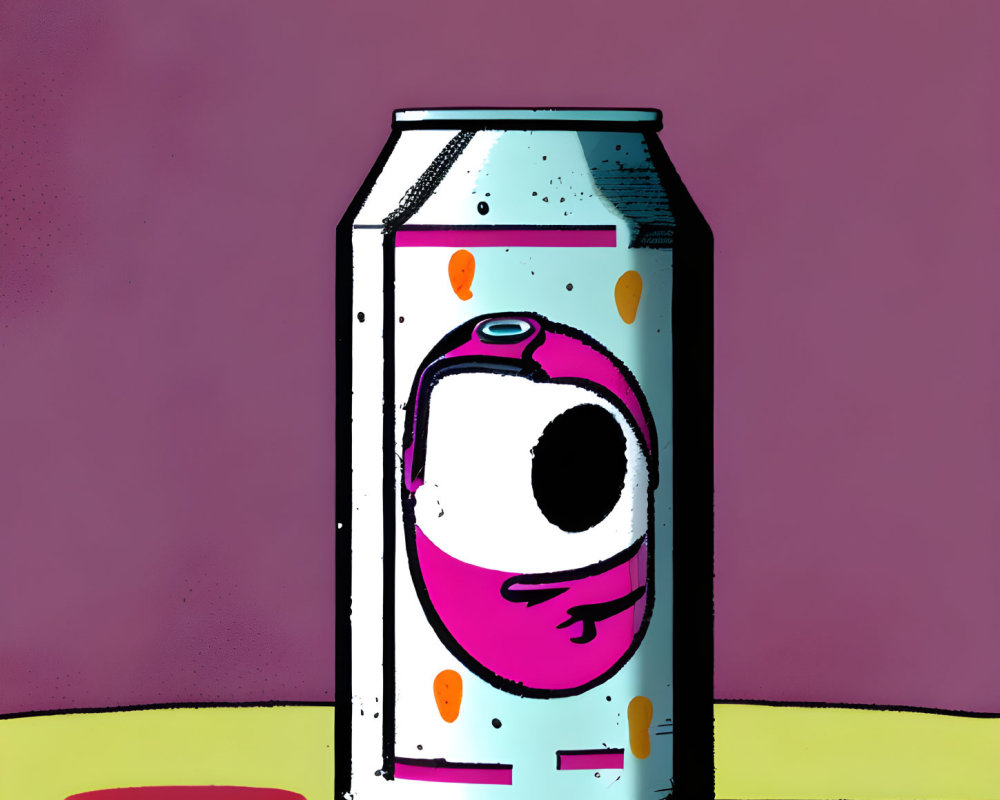 Stylized eye design on soda can label, purple background, yellow surface