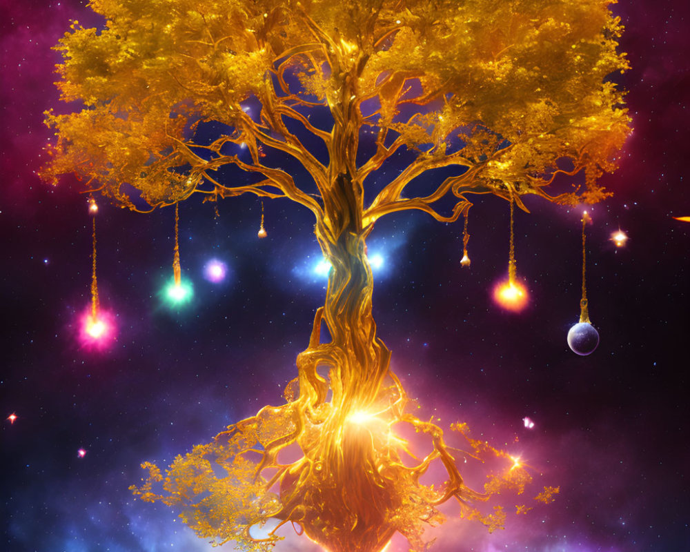 Golden tree with radiant leaves in space with colorful orbs against nebula.