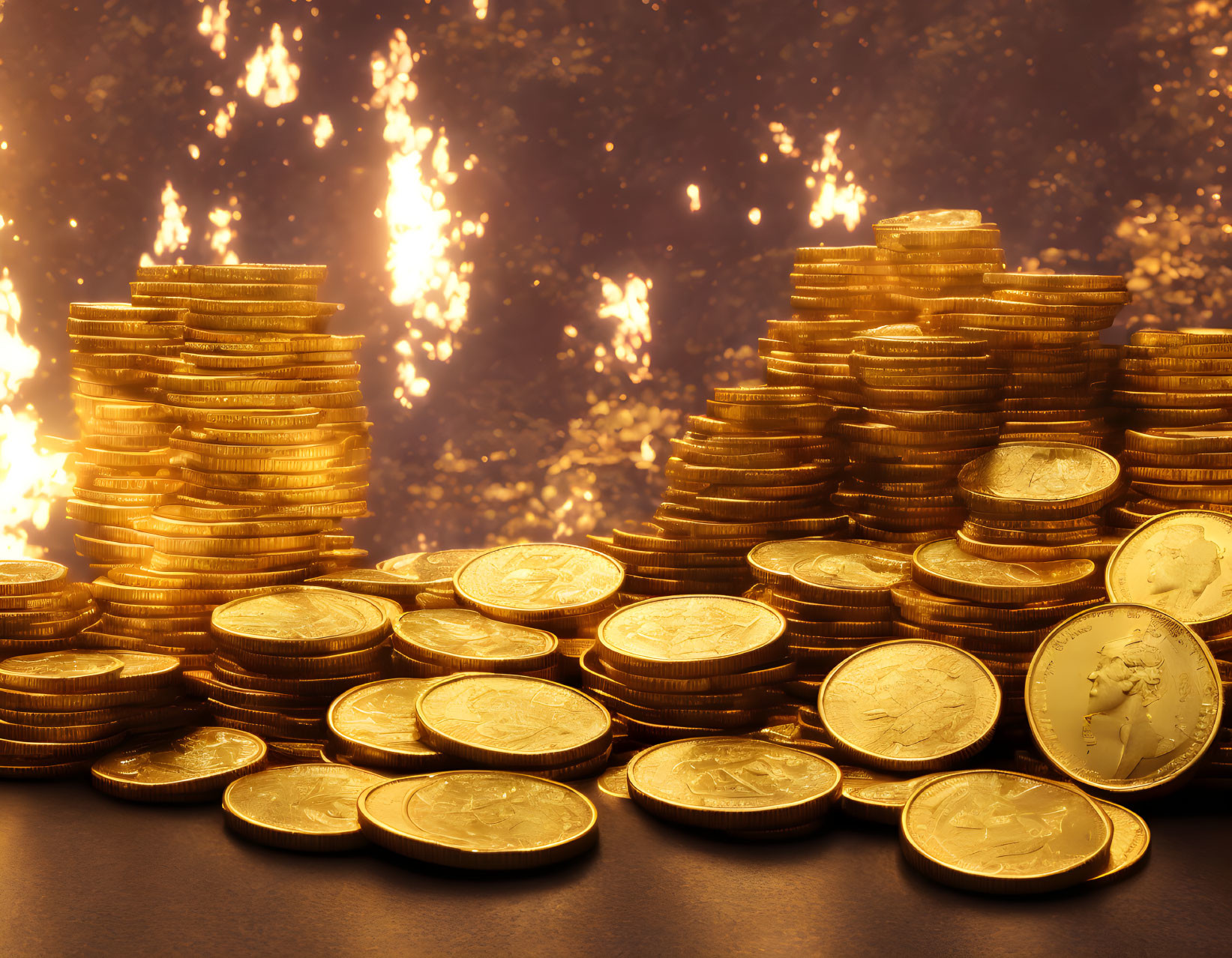 Shiny gold coins on glittery background symbolizing wealth