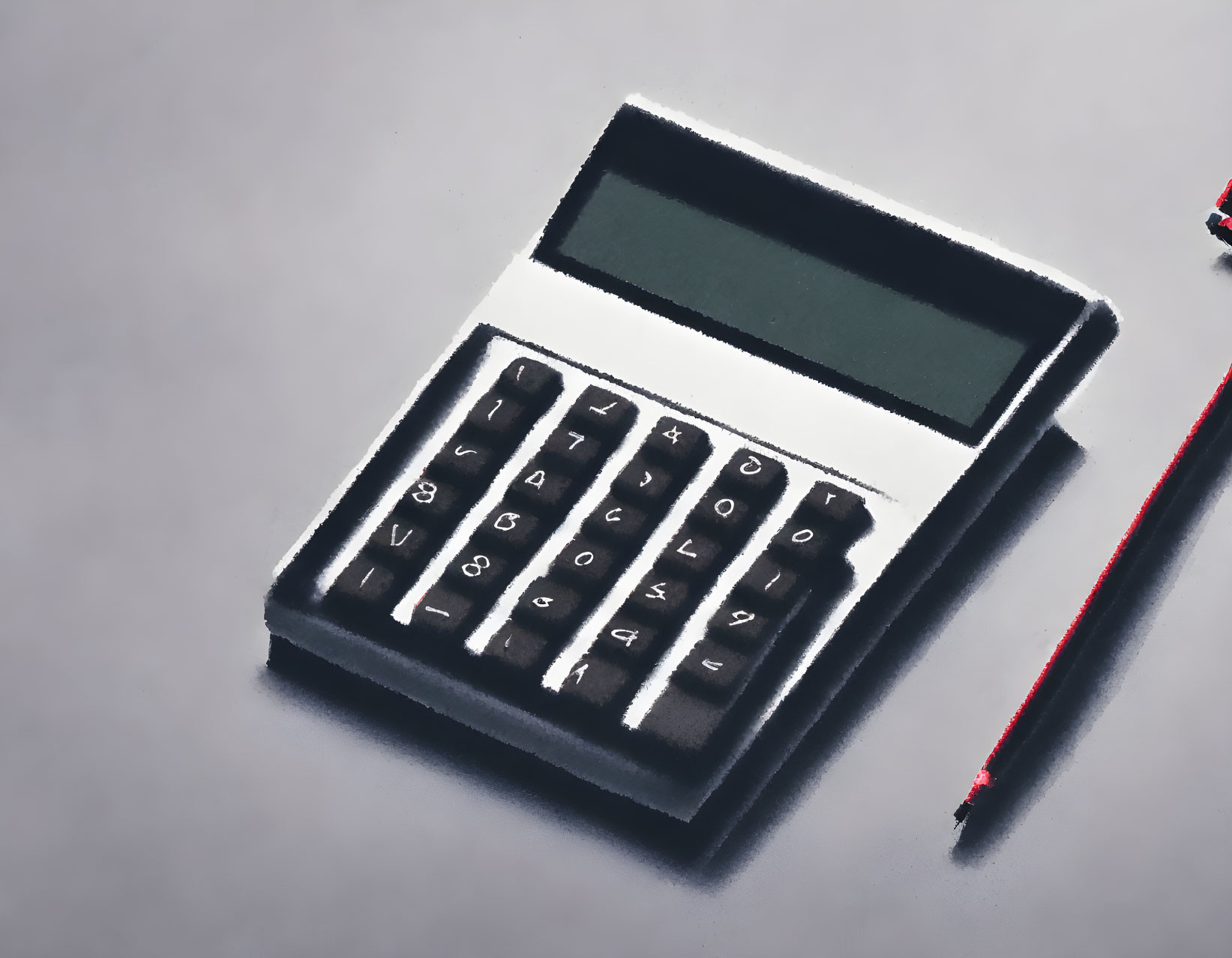 Electronic calculator and red pencil on gray surface with empty screen.
