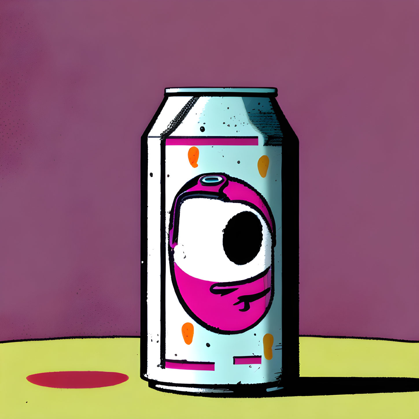 Stylized eye design on soda can label, purple background, yellow surface