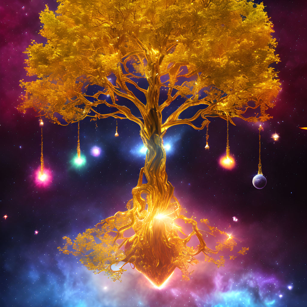 Golden tree with radiant leaves in space with colorful orbs against nebula.