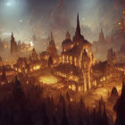 Mysterious cityscape with towering structures and warm glow against hazy backdrop