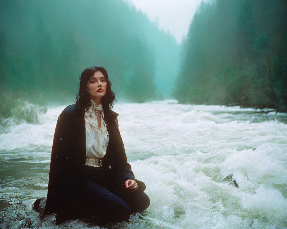Elegant Woman Sitting by Tumultuous River in Misty Forest