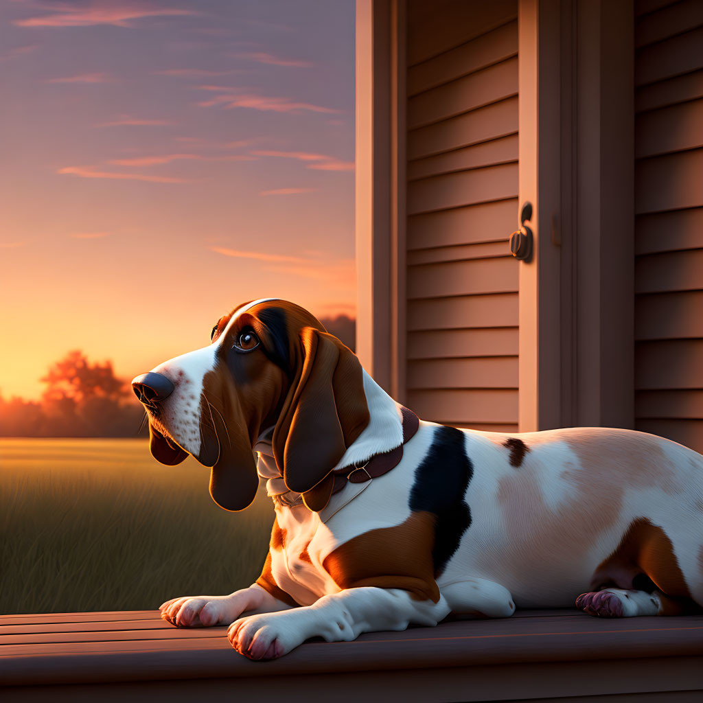 Basset hound on wooden porch at sunset with warm light