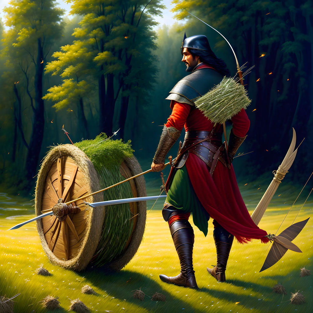 Medieval archer in forest clearing with arrows and target wheel.