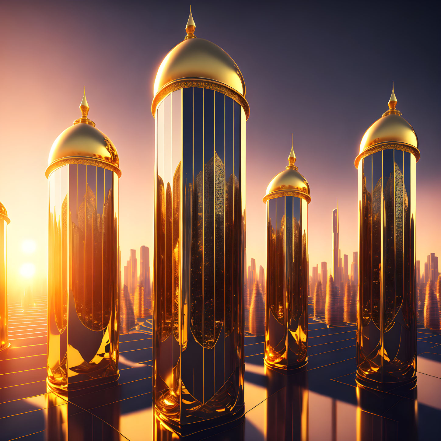Golden cylindrical structures with domed tops in cityscape sunset scene