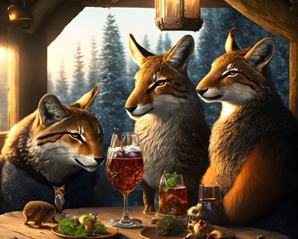 Anthropomorphic foxes having a cozy meal in a winter forest
