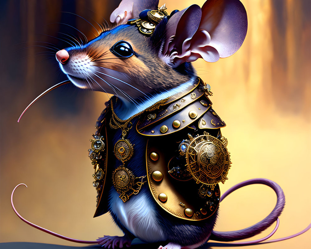 Regal Mouse in Golden Armor on Warm Background