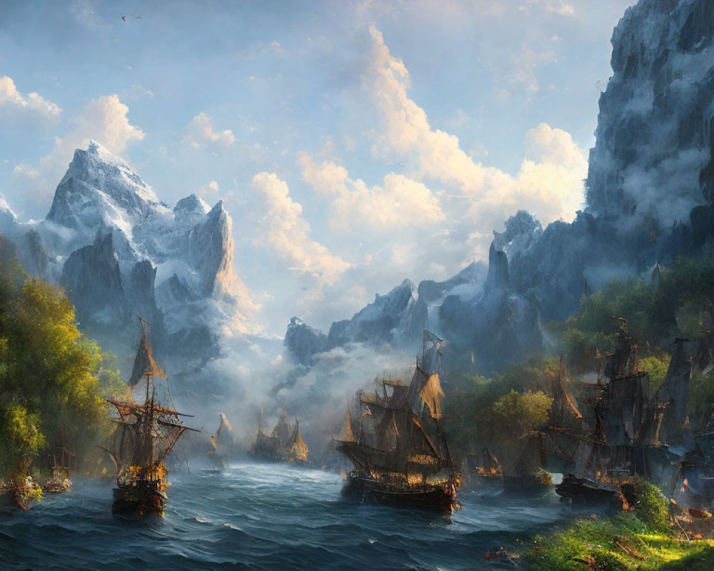 Wooden Ships Sailing on Misty River Amid Mountains at Sunrise or Sunset