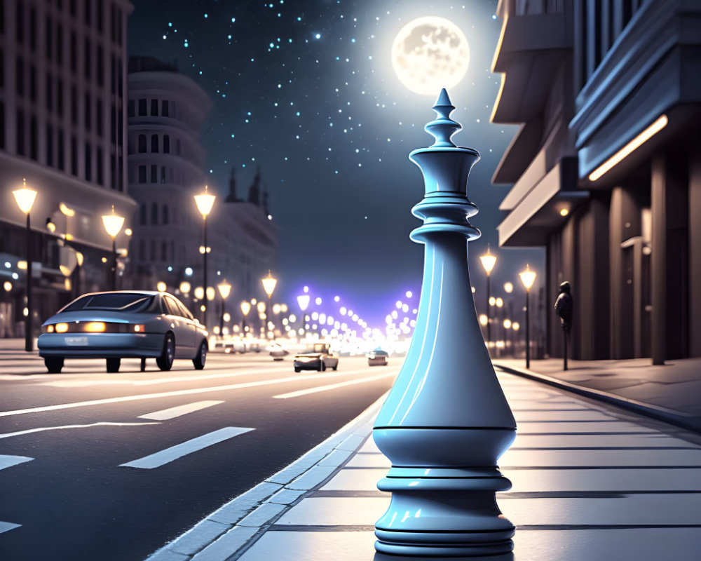 Starry night cityscape with giant chess queen on street