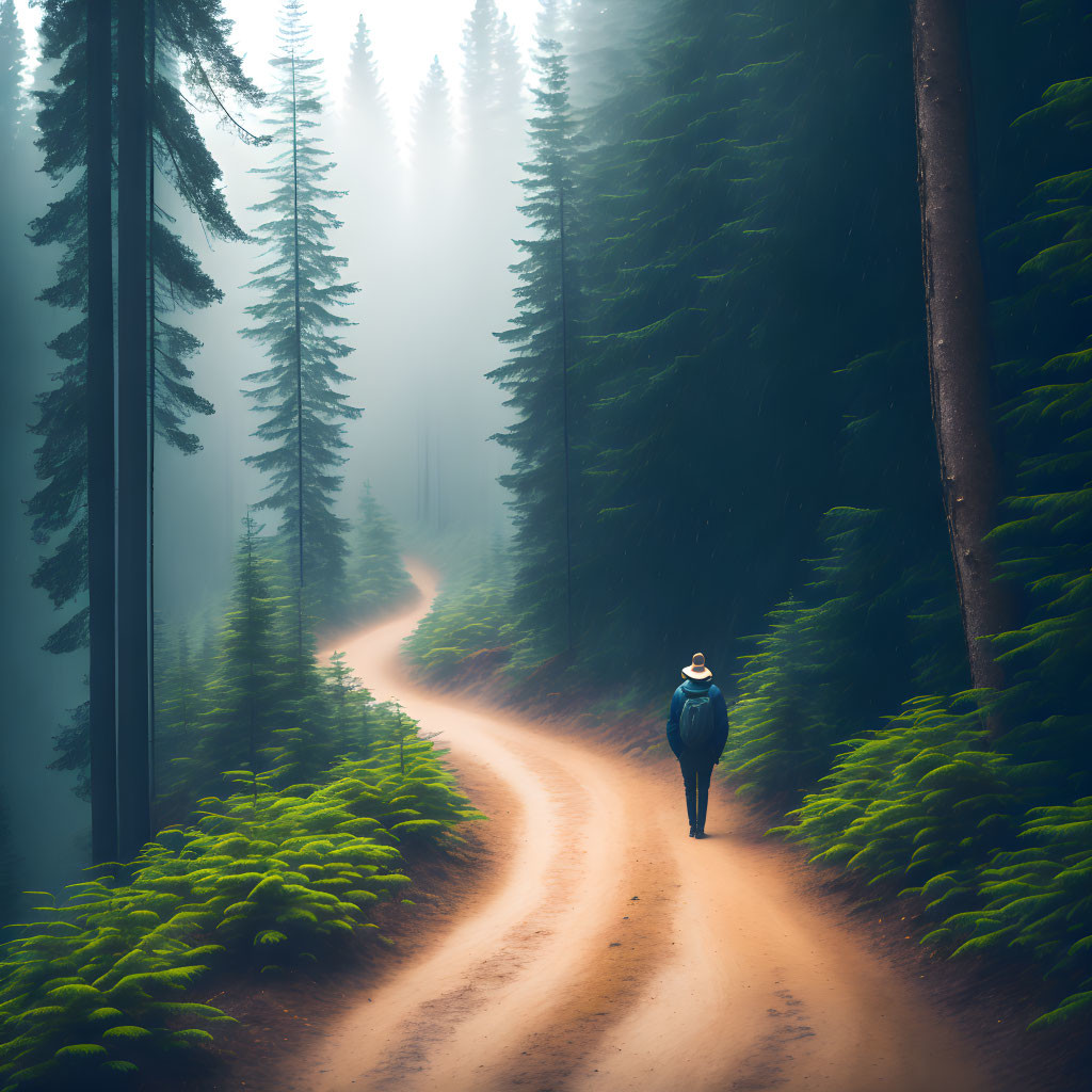 Person walking on winding path through misty green forest with sunbeams.