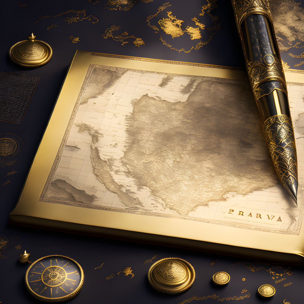 Vintage map illustration with gold details, compass, pen, and coins