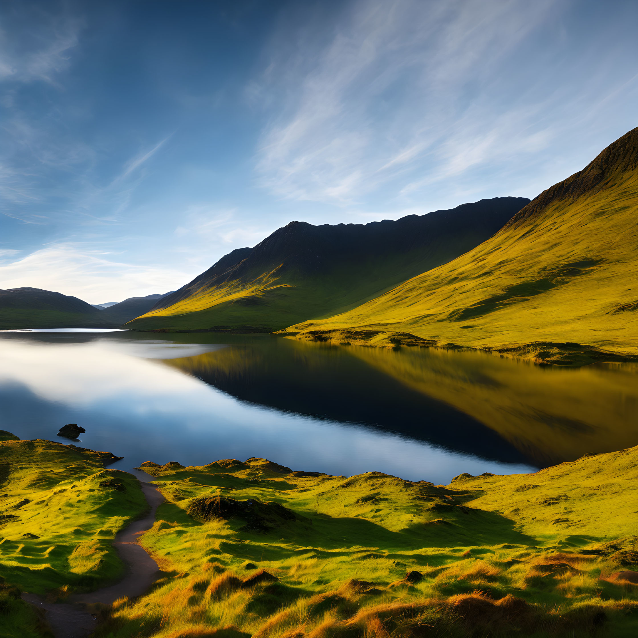 Tranquil lake reflecting grassy hills and cloudy sky with meandering path