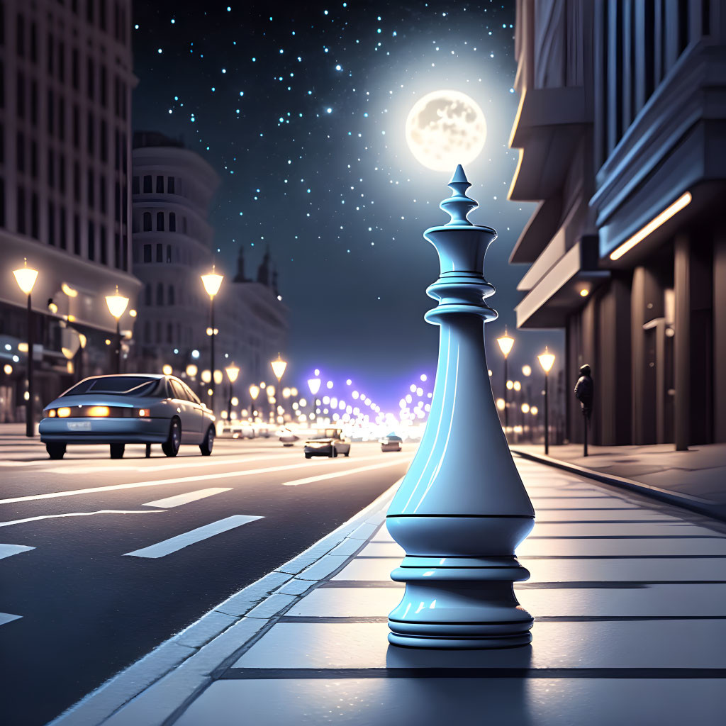 Starry night cityscape with giant chess queen on street