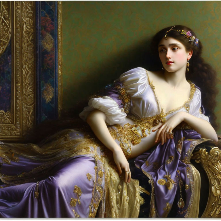 Regal woman in purple and gold gown against ornate backdrop