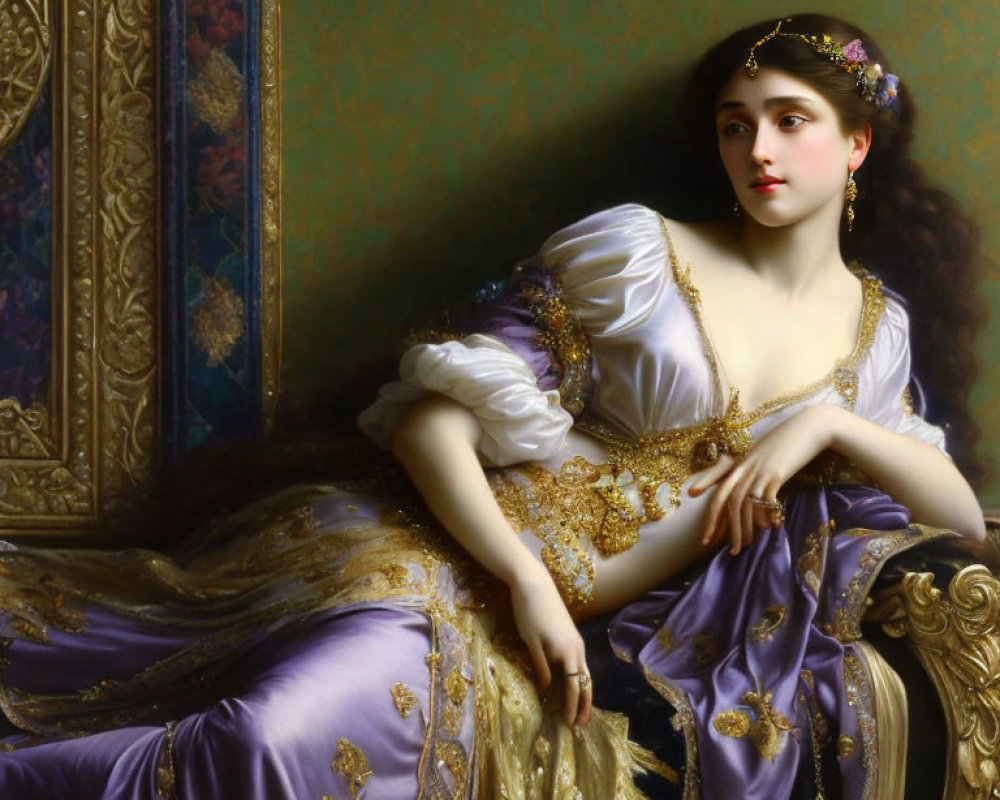 Regal woman in purple and gold gown against ornate backdrop