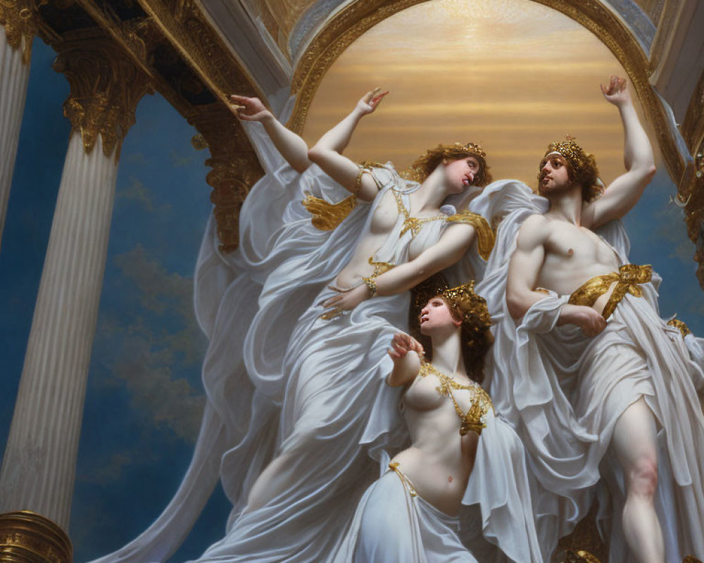 Classical painting of figures in white garments and golden accents under vibrant sky