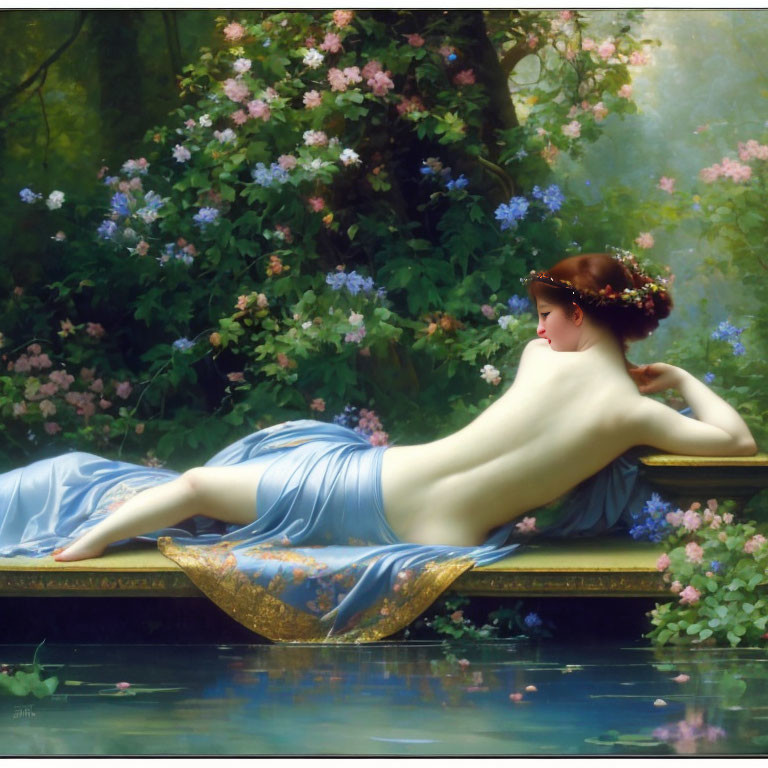 Woman reclining in serene floral setting on golden boat amidst blooming flowers and calm water.