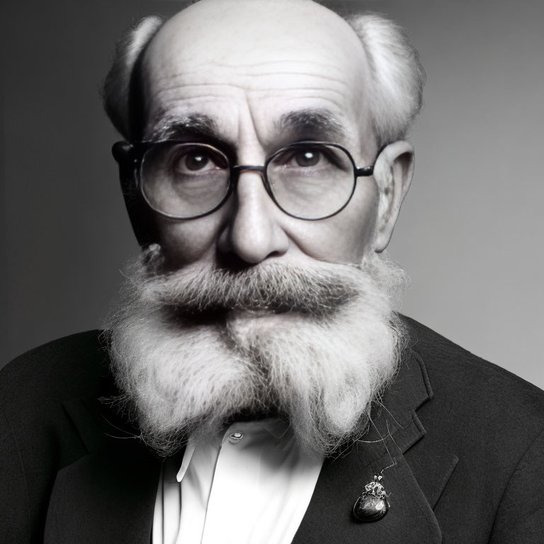 Monochrome portrait of elderly man with white mustache and round glasses