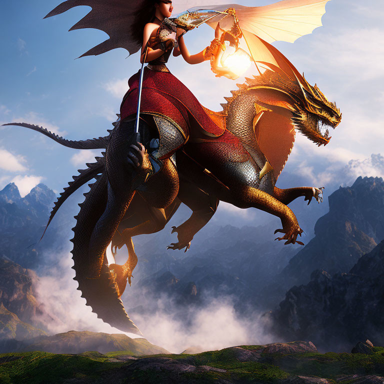 Warrior woman on red dragon soaring over mountainous landscape