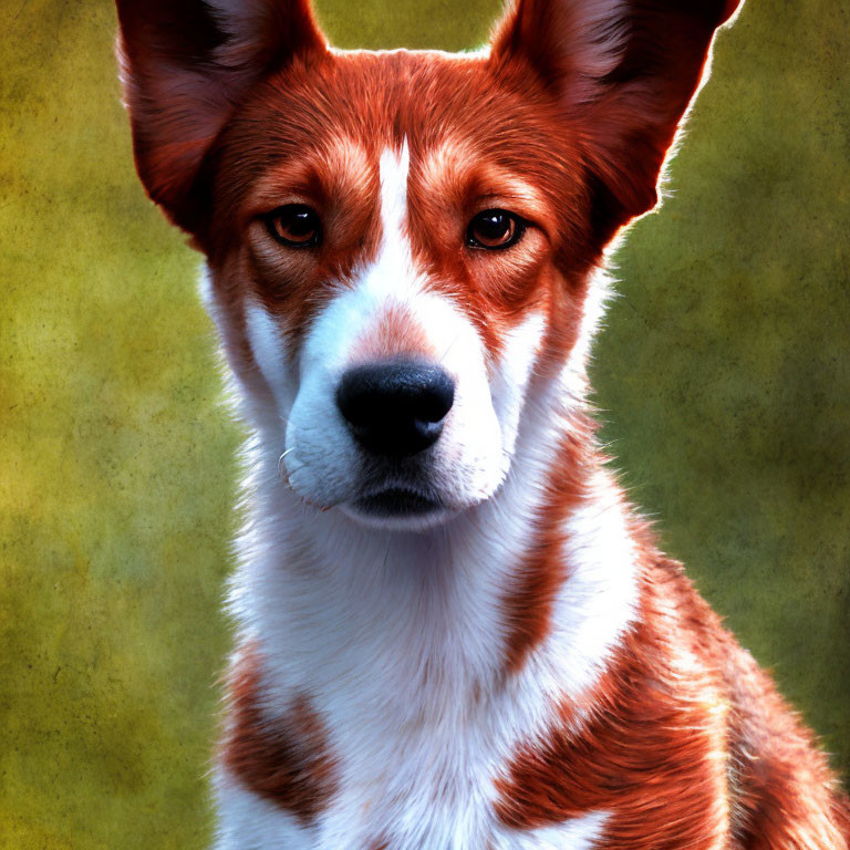 Brown and white dog with intense gaze on textured greenish-yellow background