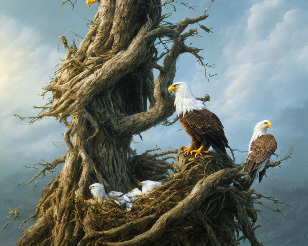 Three Bald Eagles Perched on Gnarled Tree Against Cloudy Sky