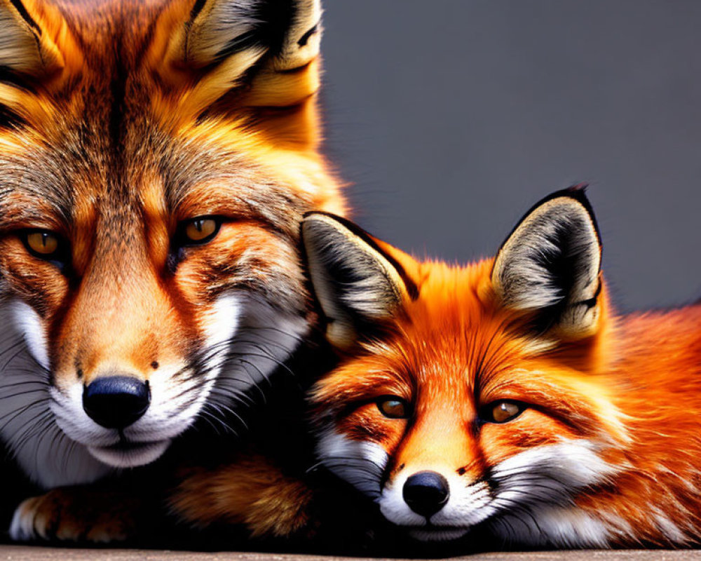 Two foxes in different poses on grey background