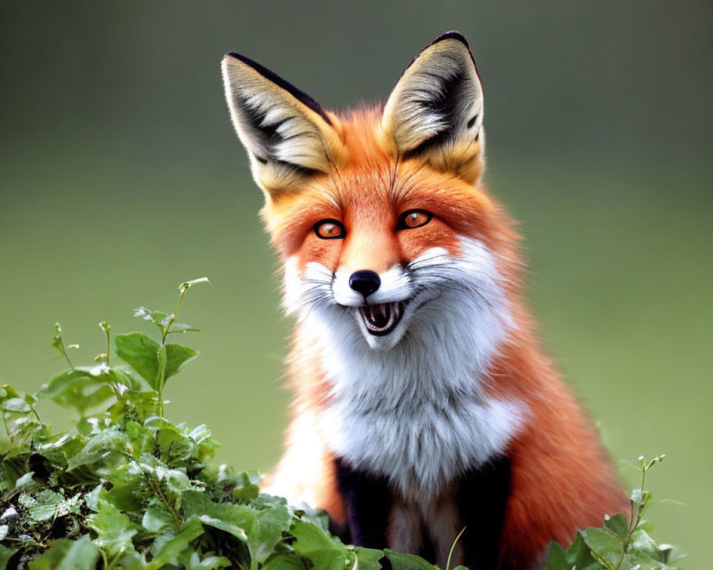 Vibrant red fox with black-tipped ears in green foliage setting