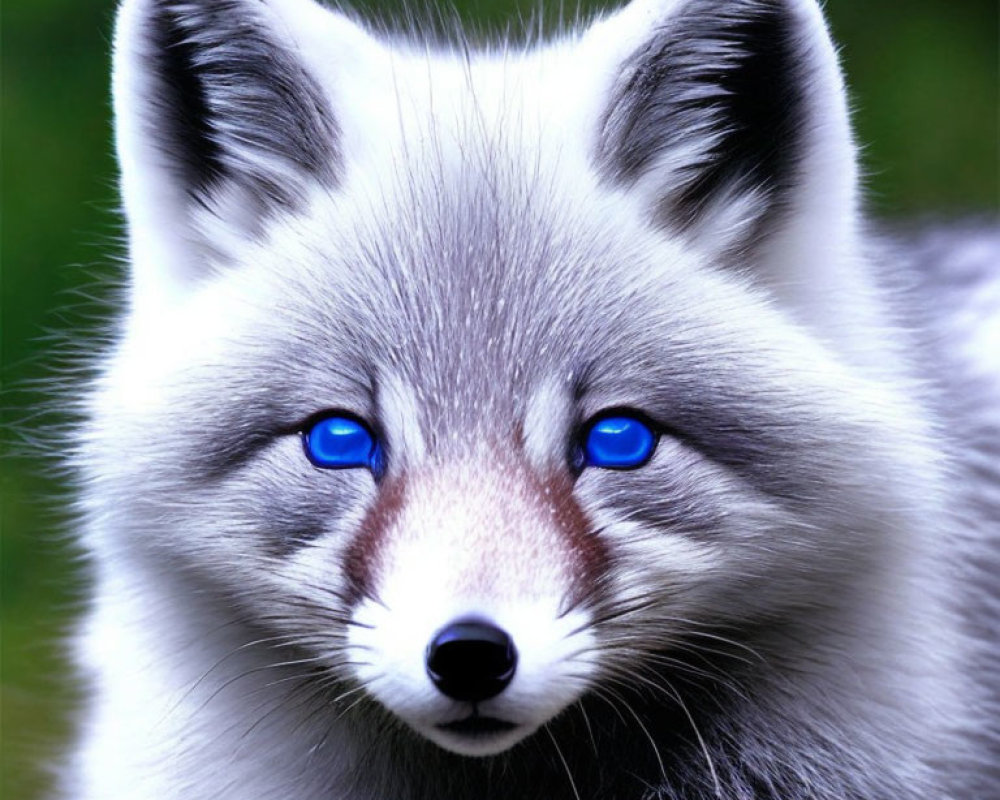 White Fox with Blue Eyes and Black Nose on Blurred Green Background