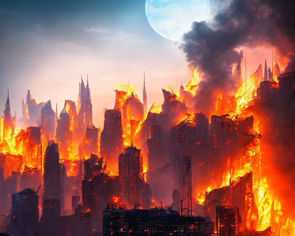 Dystopian city engulfed in flames under large moon