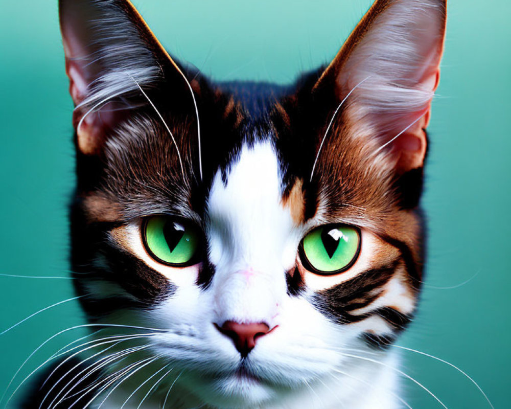Cat with Green Eyes and Striped Fur on Teal Background