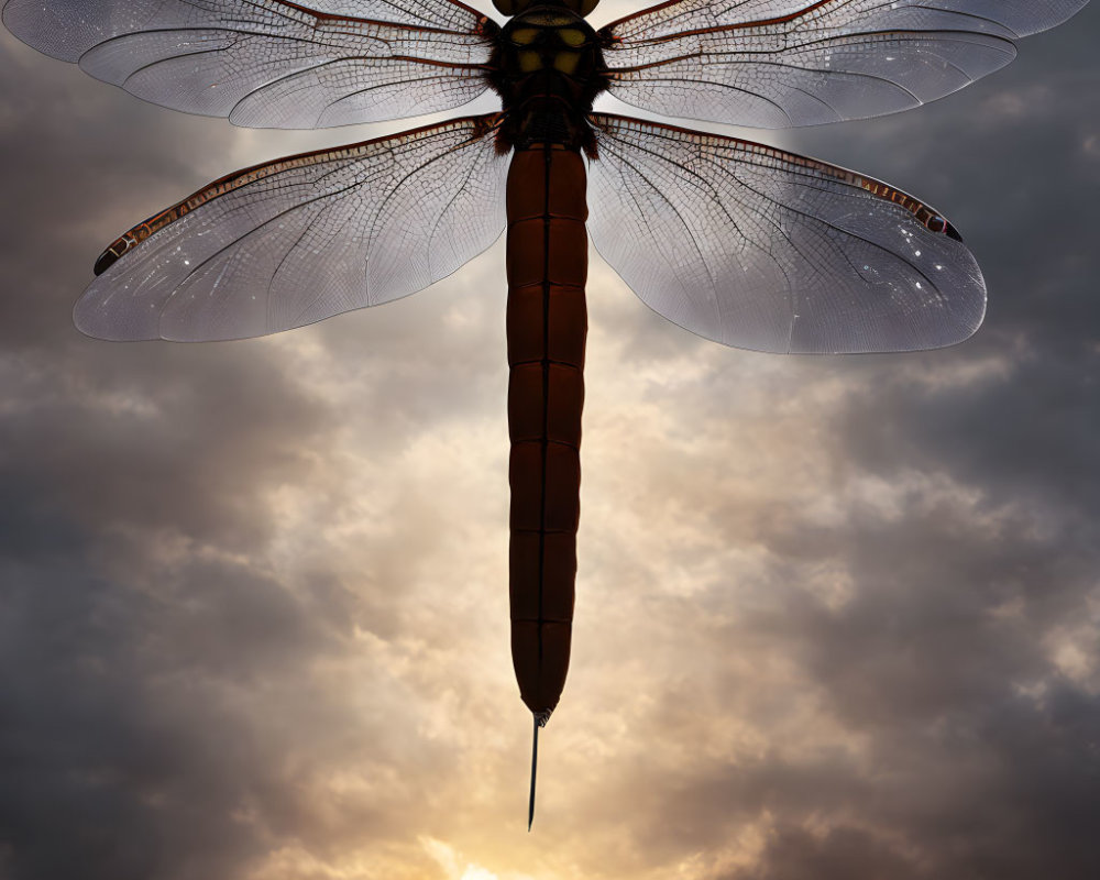 Detailed Dragonfly Silhouette on Sunset Sky