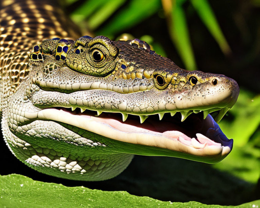 Juvenile crocodile with open mouth in lush greenery