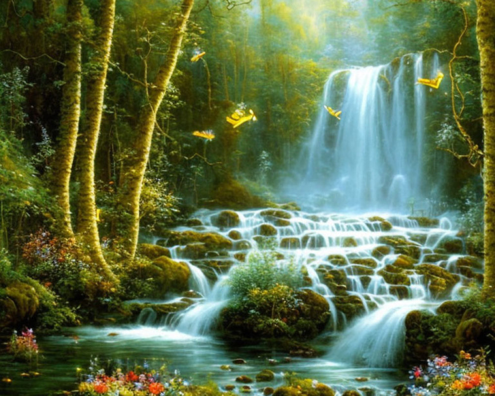 Serene forest waterfall with sunbeams, flowers, and butterflies
