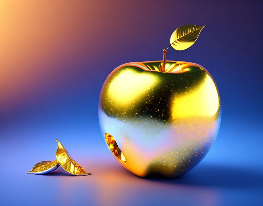 Shiny golden apple with gold leaf on blue and purple gradient background