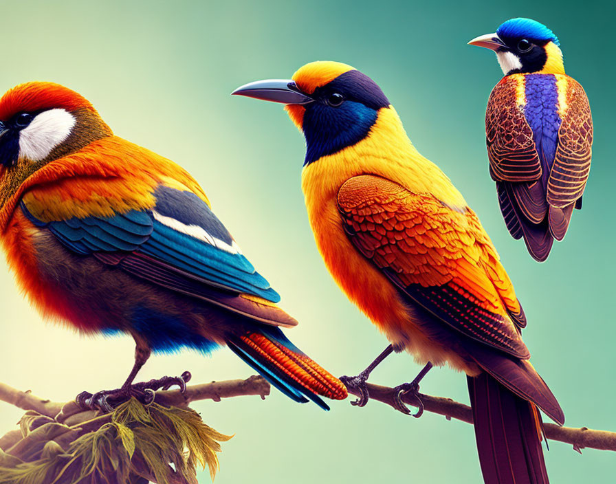 Colorful Birds Perched on Branch Against Teal Background