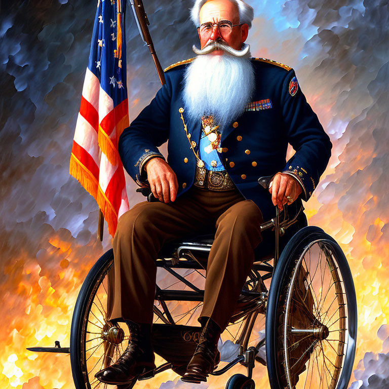 Elderly man in military uniform with American flag in wheelchair against fiery background