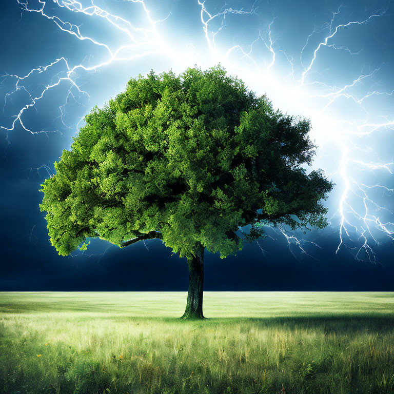 Lush green tree in grassy field under stormy sky with lightning strikes