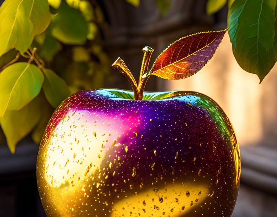 Vibrant multicolored apple with yellow and purple hues in sunlight against architectural backdrop