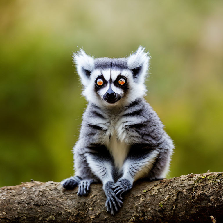 Ring-tailed lemur with orange eyes on branch against green background