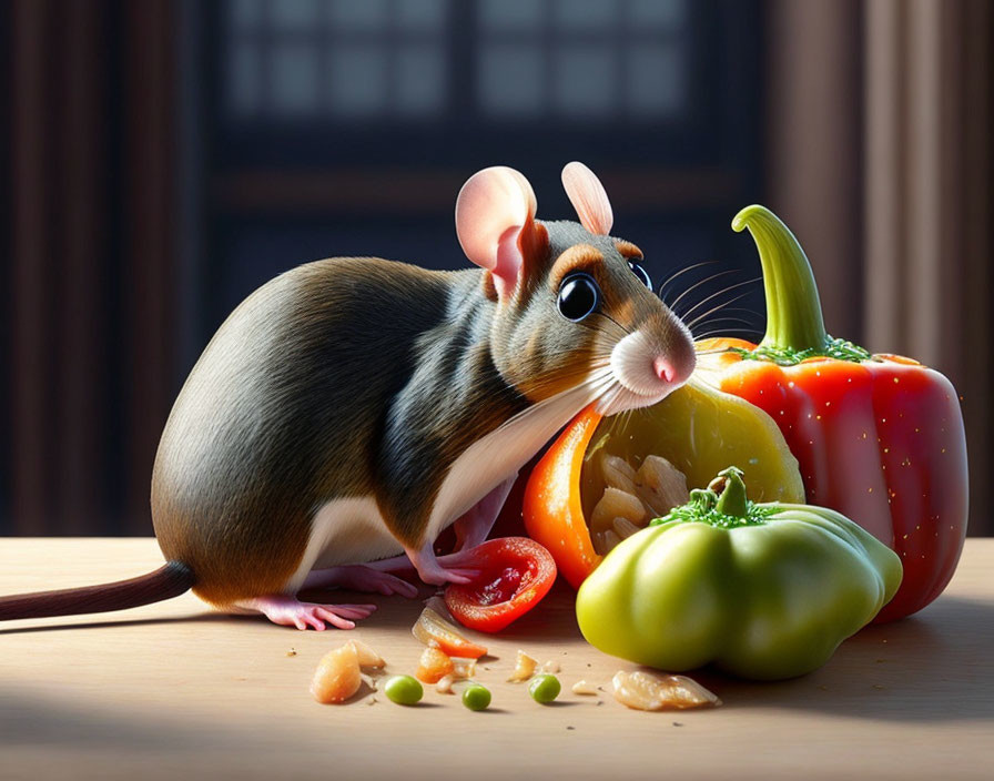 Realistic Mouse Illustration with Bell Peppers on Wooden Surface
