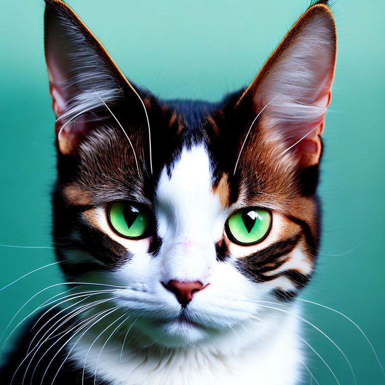 Cat with Green Eyes and Striped Fur on Teal Background