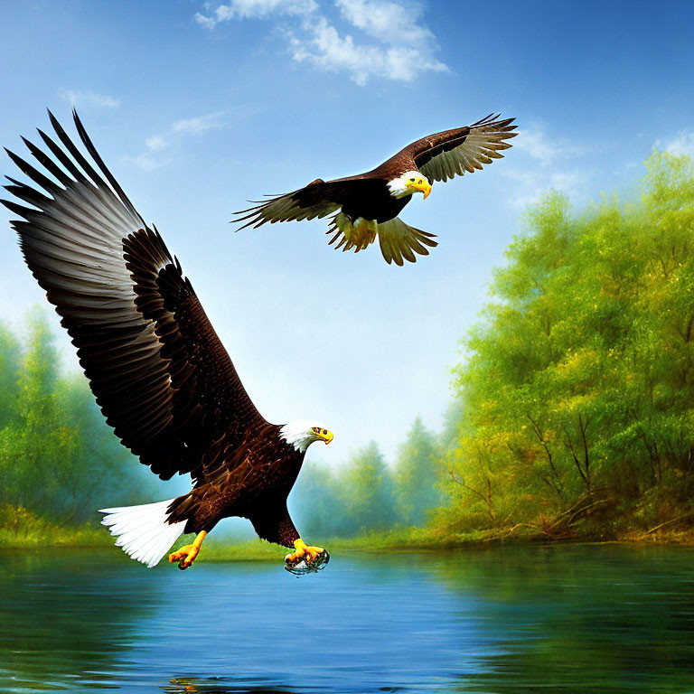 Pair of Bald Eagles Soaring above River and Greenery