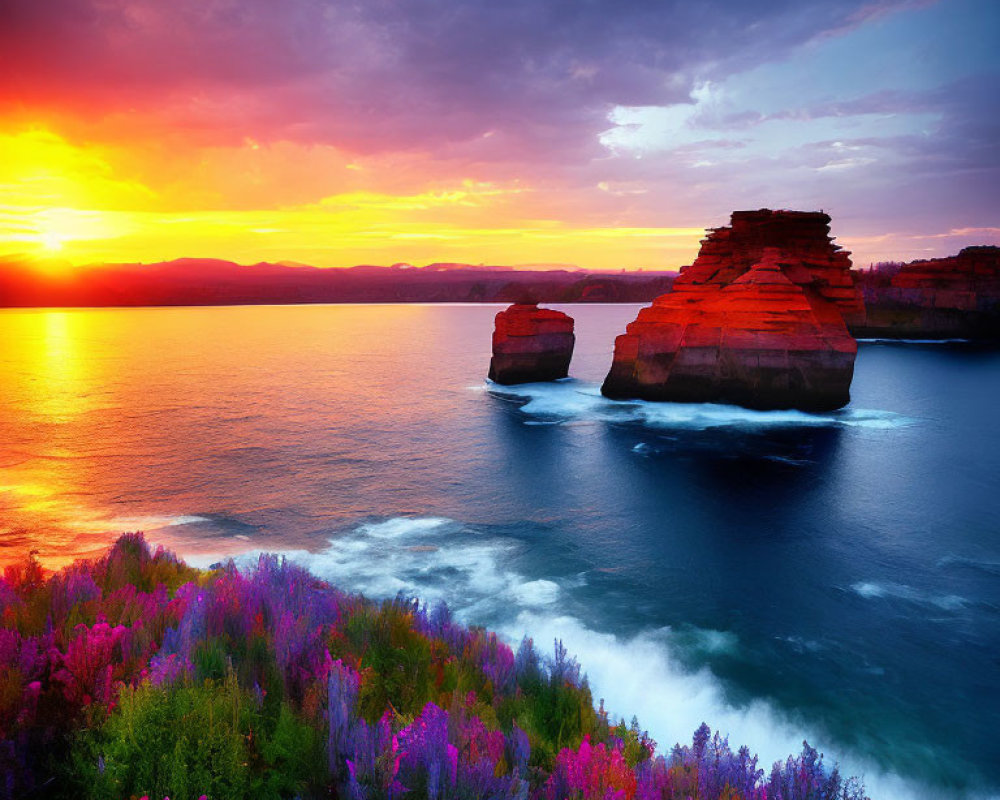 Scenic ocean sunset with rock formations and colorful shoreline vegetation
