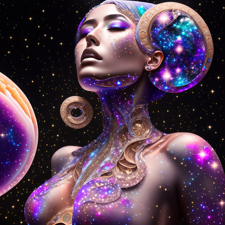 Celestial-themed digital artwork of a woman with cosmic features