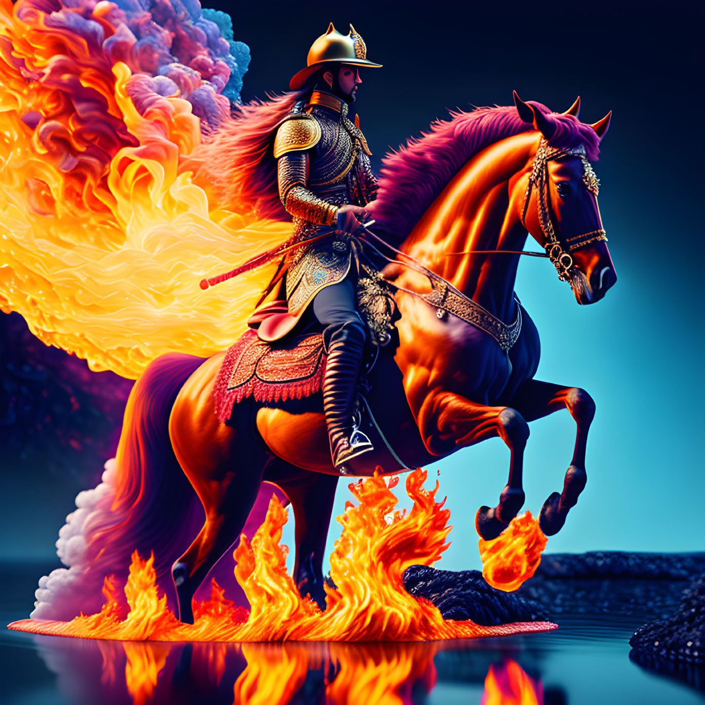 Knight on horseback through fiery scene with vibrant colors
